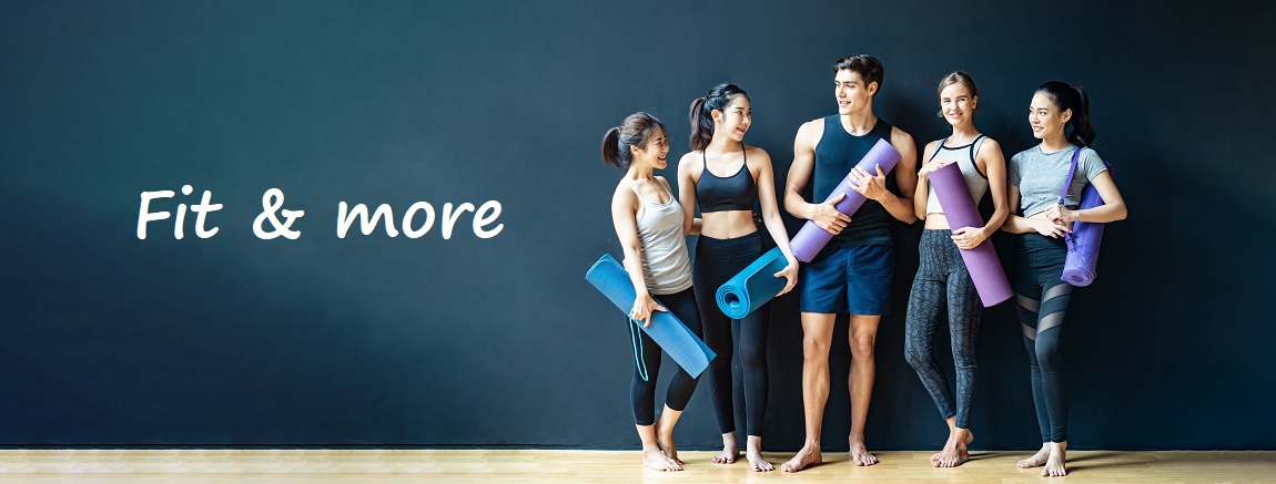 Group of diversity ethnic people holding Yoga mat talking together with smile. Asian girl laughing with funny face after finish training class. Happy and relax time in group of friend in Banner size.